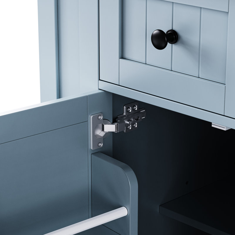 Grand îlot de cuisine bleu avec 2 tabourets de chaise, prise d'alimentation, espace de rangement interne, abattant, 3 tiroirs, 5 côtés