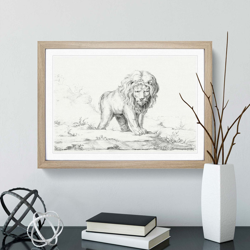 Lion by Jean Bernard - Picture Frame Drawing Print, Oak Framed, 27cm H x 36cm W x 2cm D