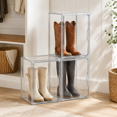 3 Pack Clear Plastic Stackable Boot Organizer Boxes, Tall Shoe Storage Container with Acrylic Display Case for Entryway or Closet