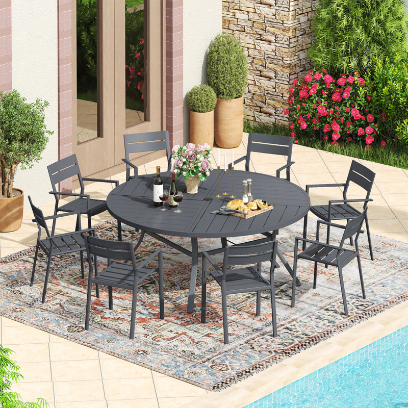 60" Round Patio Dining Set with Metal Dining Table and 8 Armrest Dining Chairs, Gray/Gray/Gray