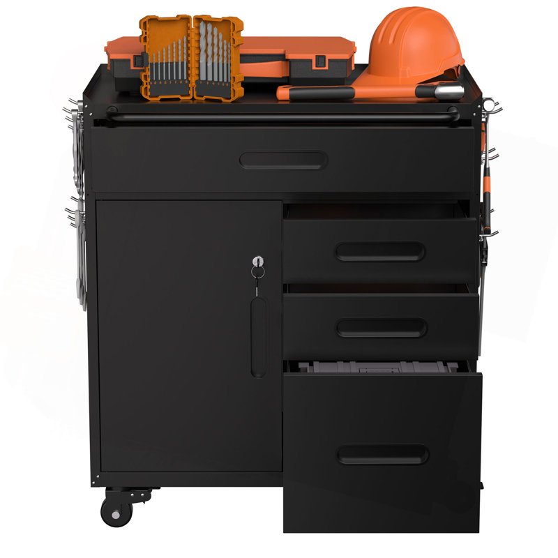 Armoire de rangement pour outils 34,3 po - Organisateur de garage avec compartiment verrouillable et 4 tiroirs, coffre en acier pour atelier et garage