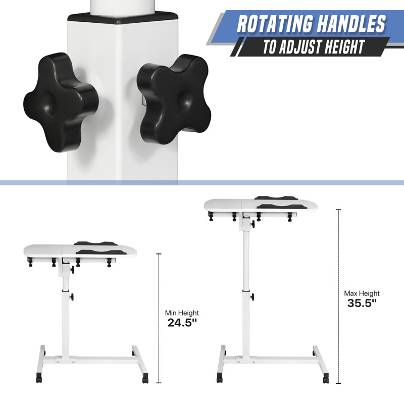 Mobile Laptop Desk Standing Desk With Mouse Pad & Tilting Tabletop, Adjustable Height Computer Table, White