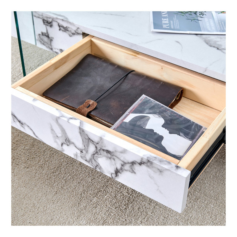 Table basse moderne 43,3 pouces à deux niveaux - verre trempé transparent, design de rangement multifonctionnel. L'étage inférieur comprend un tiroir