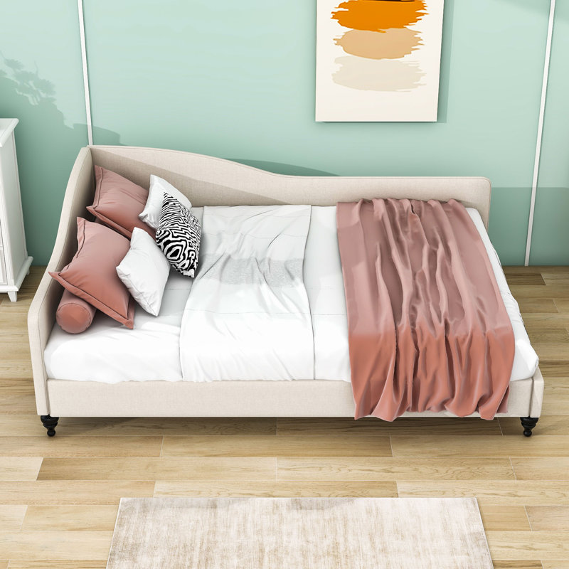 Wood Upholstered Daybed with Legs and Backrest, Beige, Full
