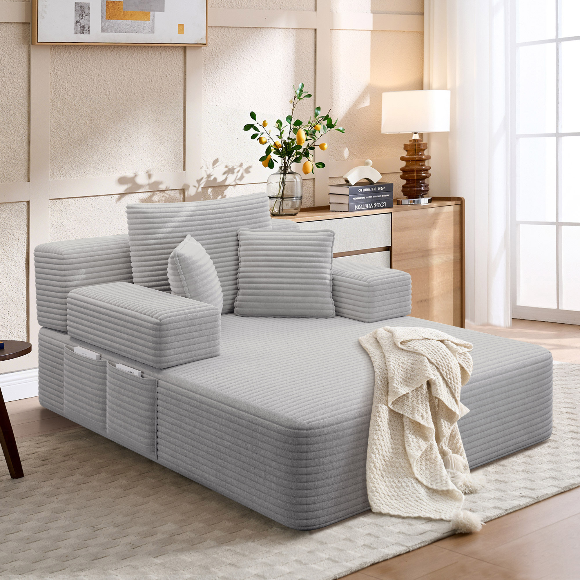 Wrought Studio Luxurious Plush Corduroy Chaise Lounge Convertible Sofa ...