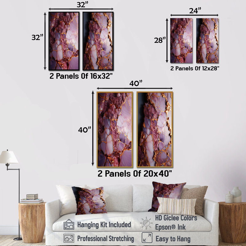 Rose et or, agate de marbre, rivière I, ensemble d'art mural sur toile abstraite de 2, Toile tendue, H 28 po x l 25 po