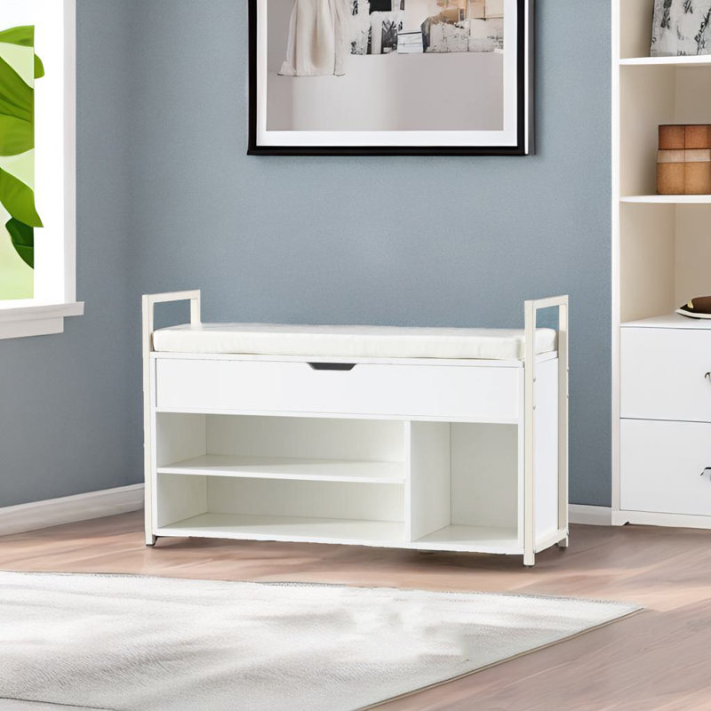 39"shoe Storage Bench With Cushion, White