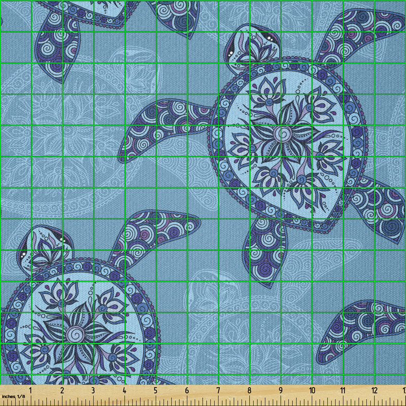 Cuervo Turtle Hand Drawn Lily Flowers Built-in Drop Shape Shell and Spiral Lines Multi-Purpose Fabric