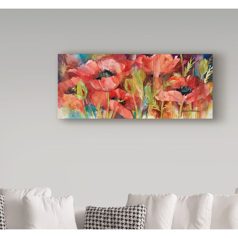 Red and Green Floral Watercolor Canvas Art with Wooden Frame