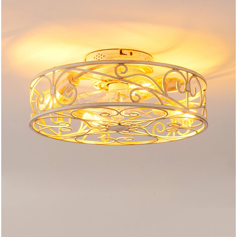 Ventilateur de plafond à cage CC réversible 6 vitesses avec lumière Contemporary - blanc, White/Gold