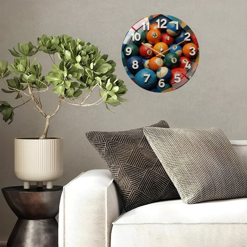 Ensemble de boules de billard rétro vintage avec chiffres - horloge murale moderne en verre 12 po
