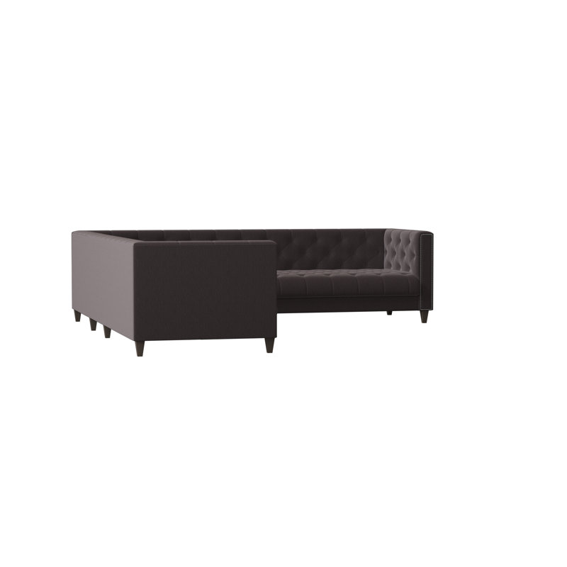 Kimmy Upholstered L-Shaped Sectional Left Hand Facing, Encore Moon Dust, Shiny Nickel, Brown Mahogany