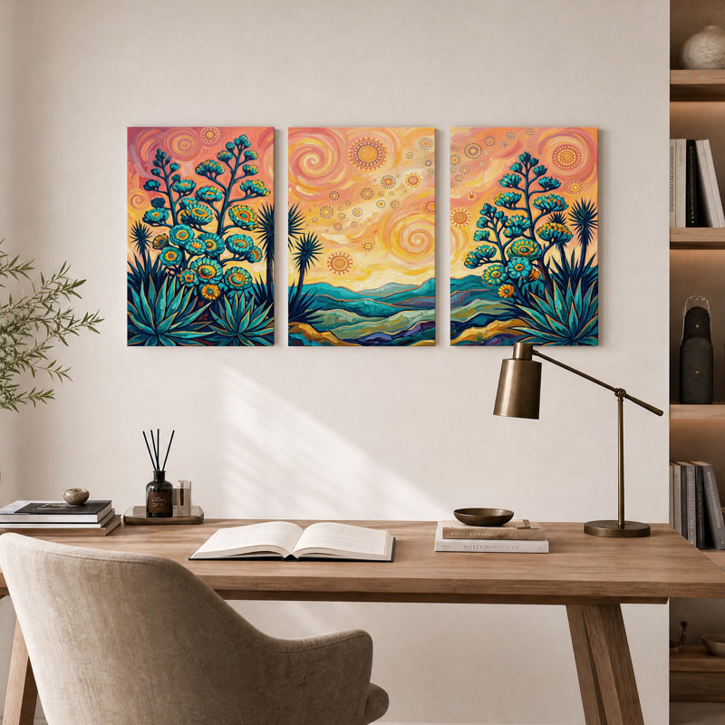Ensemble de 3 toiles murales représentant un désert aux teintes turquoise et agave, avec un ciel orange tourbillonnant.