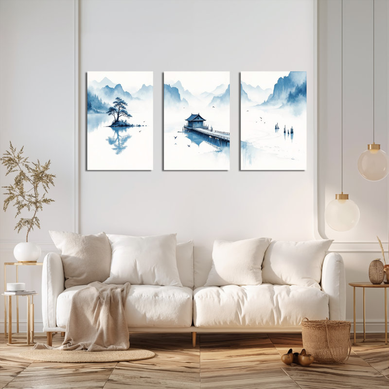 Encre de Chine, impression sur toile tendue sur toile, ensemble de 3 - idéal pour le salon, la chambre à coucher ou le bureau