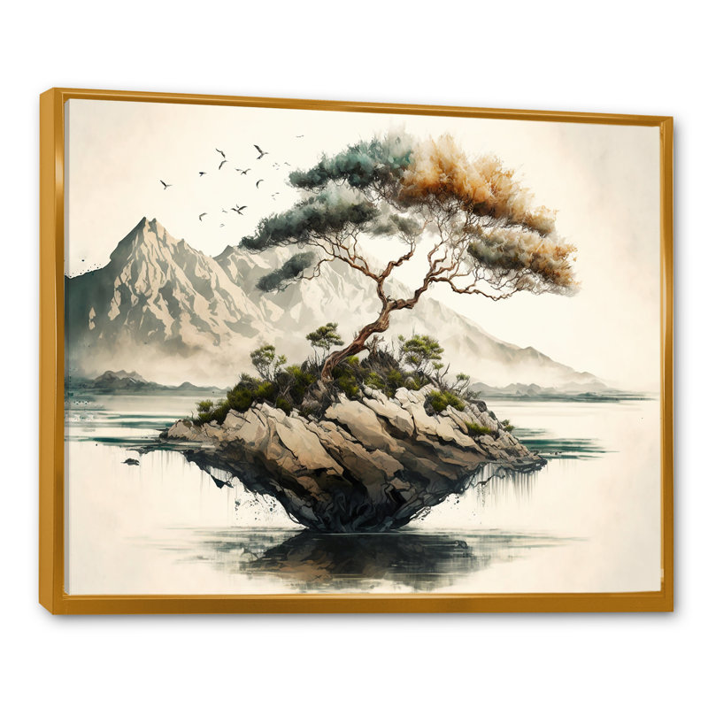 Bonsai par l'eau I - art mural moderne sur toile, Cadre flottant doré, L 20 po x H 12 po