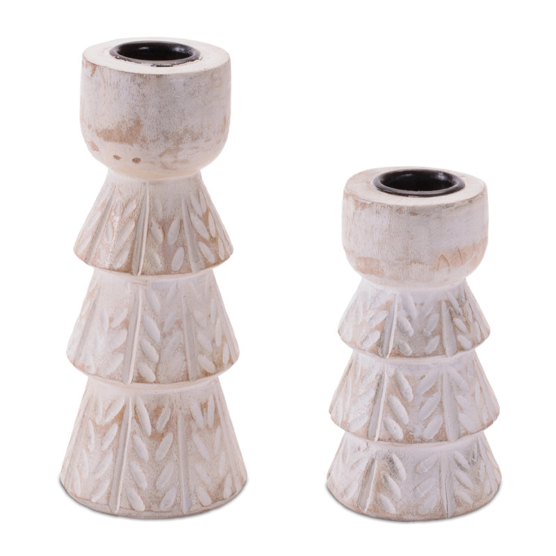 White Washed Wood Taper Candle Holder