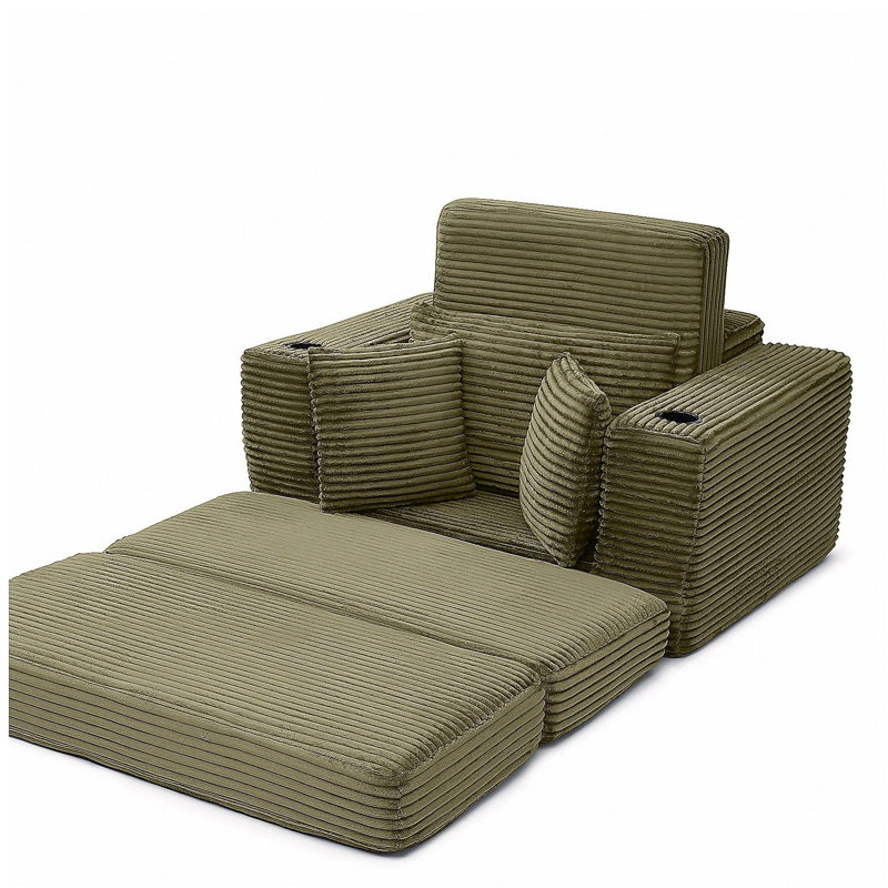 Méridienne de 52,4 po de style méridienne en osier surdimensionné et confortable 3-en-1 pour la lecture, le salon et la chambre à coucher, canapé en velours côtelé, vert