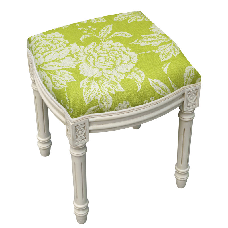 Tabouret de coiffeuse en lin caramel et pivoine au fini blanc antique, Chartreuse