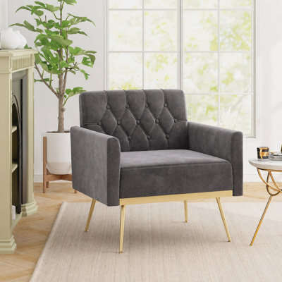 Chaise d'appoint rembourrée style Mid-Century avec dossier capitonné, pieds en métal doré gris