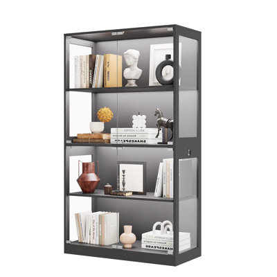 Display Cabinet with Glass Doors, 4 Tier Curio Cabinets with LED Lights & Charging Ports, Glass Display Case with Open Shelf & Human Body Sensor, Storage Showcase for Collectibles, Black