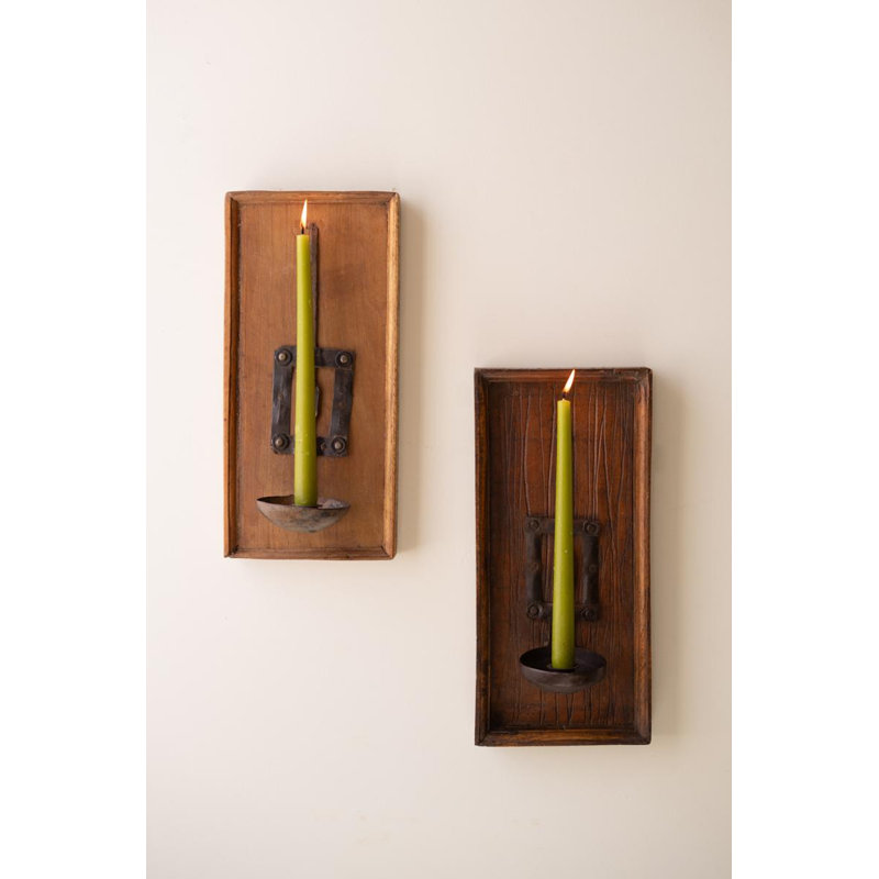 Applique murale en bois avec porte-bougie cuillère en fer recyclé