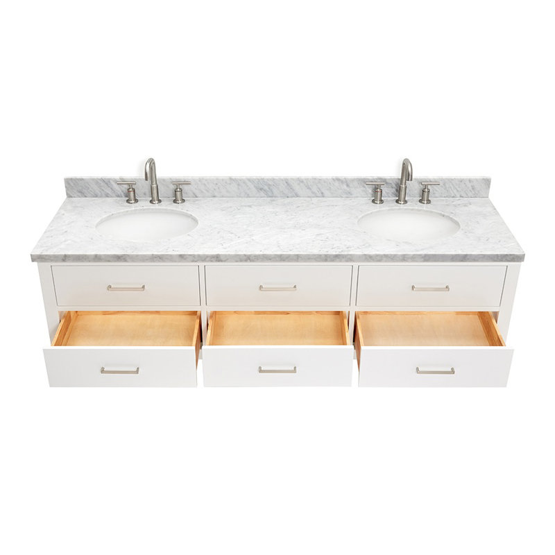 Ensemble de meuble-lavabo double mural 73 po Macmullin, Nickel brossé, Gris, Quartz blanc pur