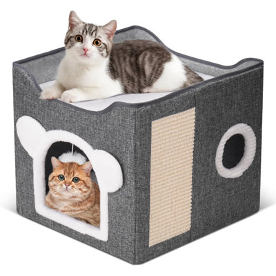 Lits pour chats pour chats d'intérieur, grande grotte pliable pour chat avec grattoir et boule pelucheuse suspendue, cachette réversible pour chats pour animaux de compagnie, 16,5 x 16,5 x 13,2 pouces, gris foncé