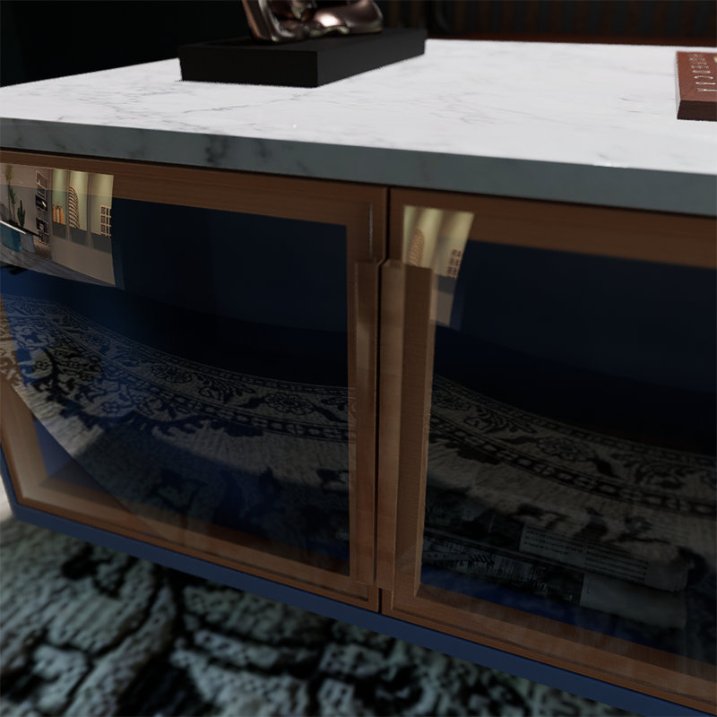 Modern Navy Blue Coffee Table With 2 Glass Door Storage, 4 Drawers, Gold Metal Legs And Multi-Color Lighting 47.2 Inch