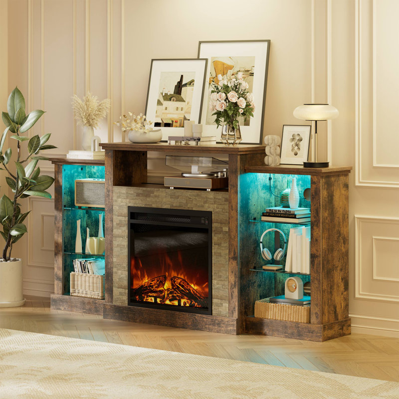 59-Inch Modern TV Stand with Electric Fireplace, LED Glass Shelves, 4 AC Power Outlets and Storage, Rustic Brown