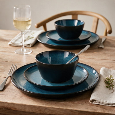 Waterside 12pc Blue Reactive Glaze Lipped Stoneware Dinner Set