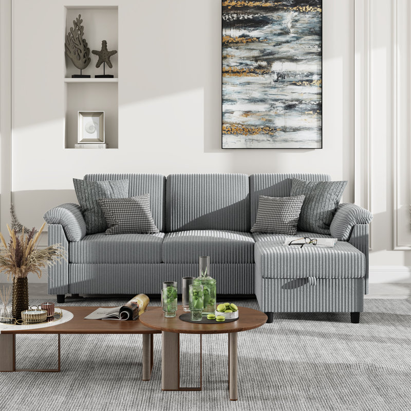 79" Upholstered L-Shaped Sofa with Ottoman , Light Gray