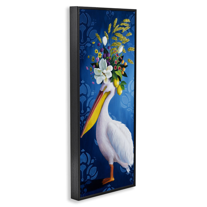 Floral pélican sur damas, estampe numérique, design par Heather, H 24 po x l 10 po, Giclée encadrée noir minuit