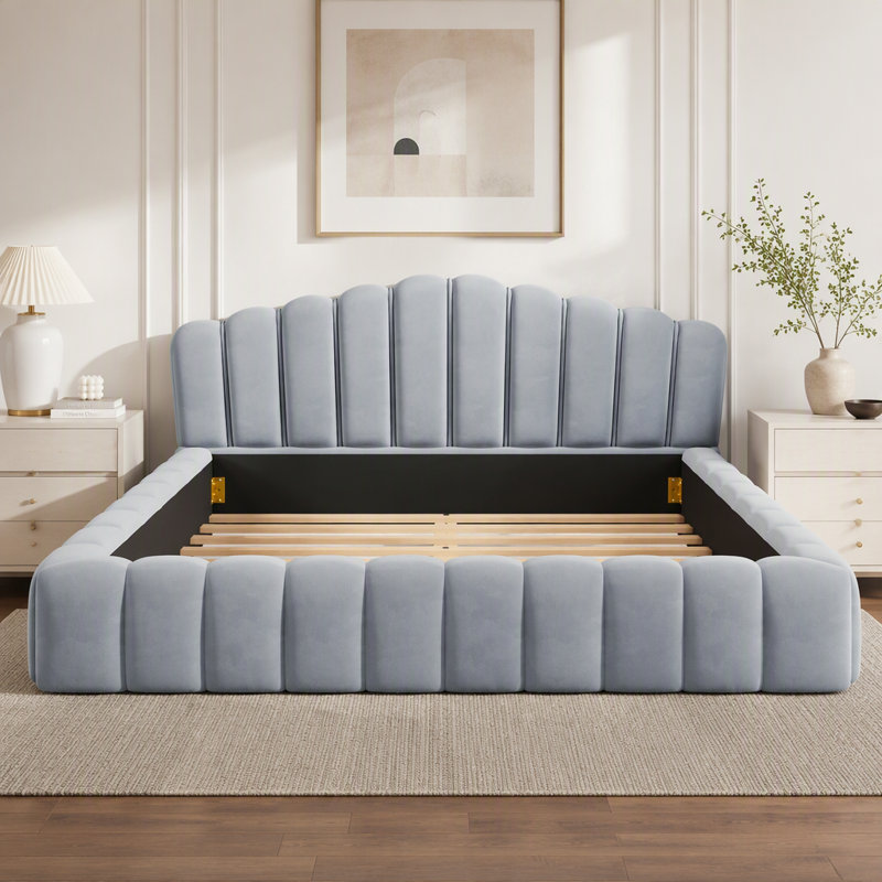 Tête de lit tapissier en velours pour lit double avec cadre de lit pour grand lit, sans sommier tapissier, bleu clair