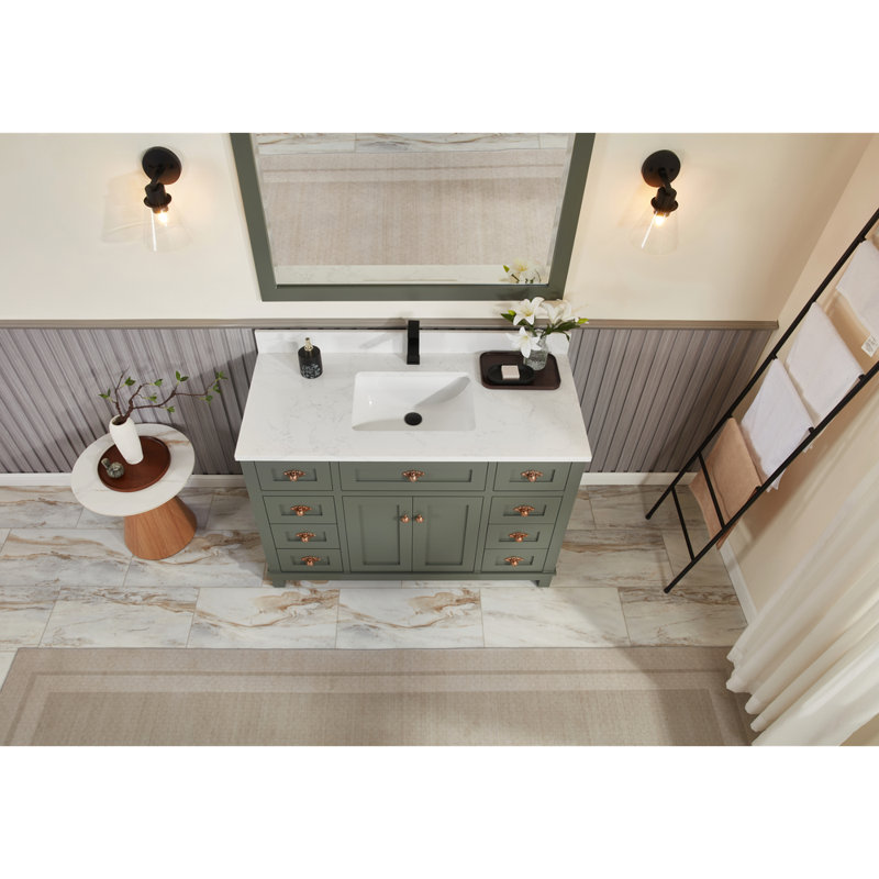 48" Solid Wood Sink Vanity With 1' Artificial Stone Top, Pewter Green, Rose Gold