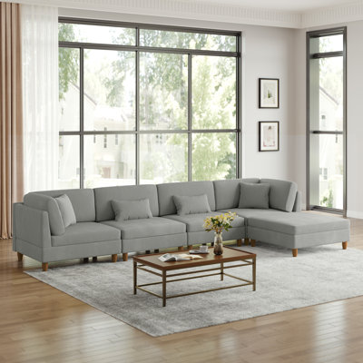Seemab 5 - Piece Upholstered Light Gray Corduroy Modular Sectional with Pillow Back and Removable Ottoman