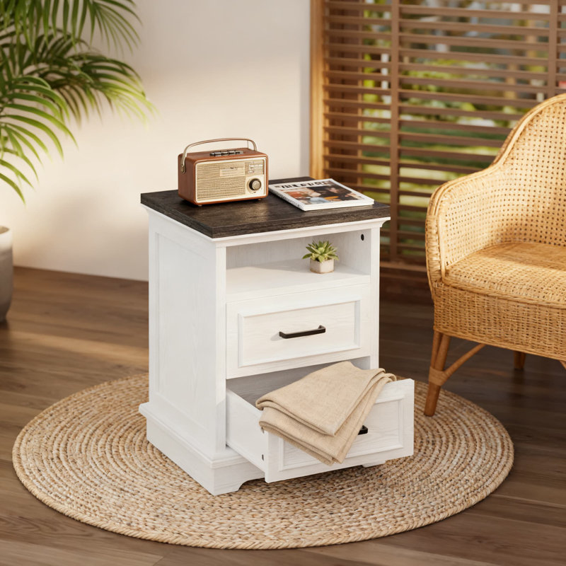 Table de chevet Farmhouse avec tiroirs, table d'appoint rustique avec colonne romaine, petite table de bout pour le salon et la chambre à coucher, fabrication en panneau de fibres à densité moyenne durable