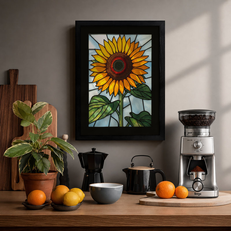 Stained Glass Sunflower Botanical - Print, Black, A3 - 42.0 x 29.7 cm