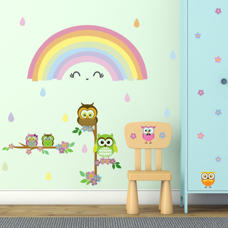 Décalcomanie murale arbre arc-en-ciel hibou