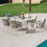 Ensemble repas de patio 7 pièces avec coussins et coussins, trou de parasol, beige