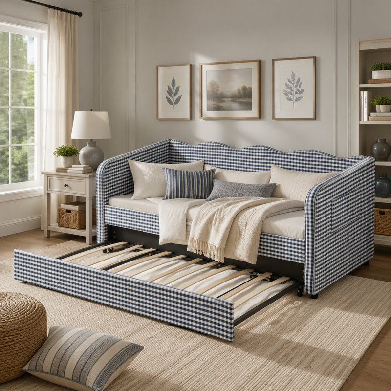 Lit de jour simple Gingham avec lit gigogne convertible 3-en-1, Bleu très foncé