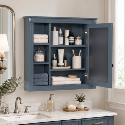 Armoire de rangement murale de salle de bain 35 po, armoire à pharmacie avec miroir avec 6 tablettes ouvertes, organisateur suspendu au-dessus de la toilette, armoire à pharmacie en bois aggloméré pour salle de bain, salle d'eau