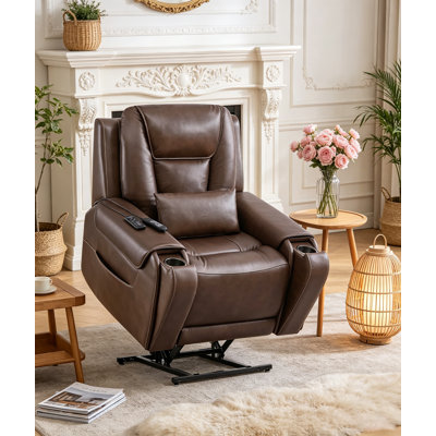 Power Lift Recliner – Massage & Heat, Lay Flat Leather, USB, Cup Holders, Power Headrest, Independent Backrest, Dark Brown
