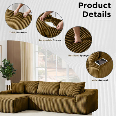 Boneless Modern Spacious Upholstered Corduroy Modular Sectional Sofa With 2 Pillows