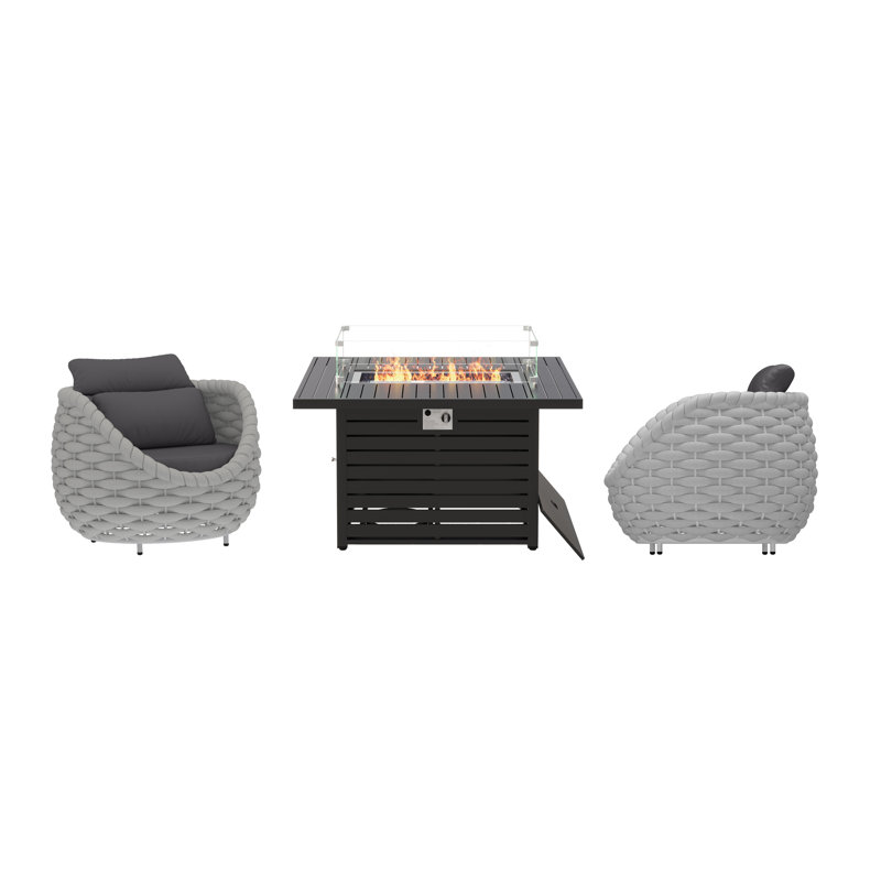 Modern Patio Furniture 3-Piece Outdoor Conversation Set Weather-Resistant Rope Lounge Chairs with Easy Assembly Fire Pit for Backyard