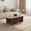 Table basse 51,2 po en bois brun avec plateau en pierre, pieds réglables en noyer et surface en pierre frittée beige-1736052945