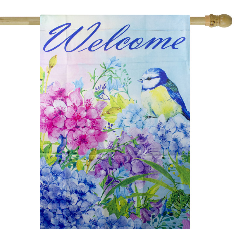 Drapeau extérieur bleu et mauve Welcome Bird, H 40 po x l 28 po