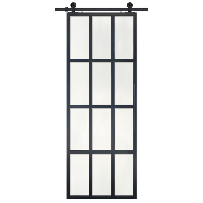 Porte de grange en verre et en métal avec quincaillerie d'installation, 42 po x 84 po, Givré