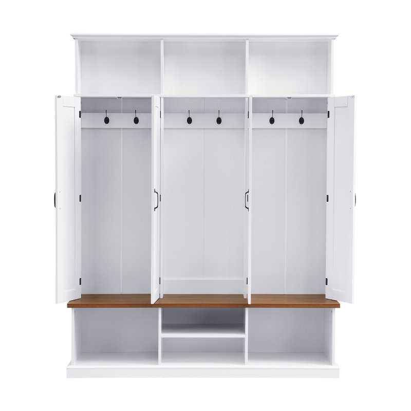 Farmhouse Entryway Hall Tree with Bench, 3 Top Cubbies & Bottom Storage Space, Farmhouse Coat Rack with Hooks & Cabinets for Entryway, Hallway, Mudroom, Living Room