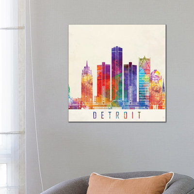 Detroit Landmarks Watercolour 1 Piece Wrapped Canvas Wall Art