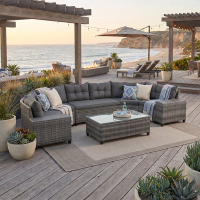 8-Piece All Weather PE Wicker Patio Curved Sectional Set, Half-Moon Modular Sofa with Rectangular Coffee Table & Removable Gray Cushions